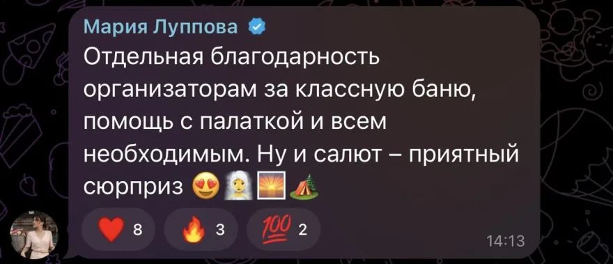 Мария Луппова в чате: «Отдельная благодарность организаторам за классную баню, помощь с палаткой и всем необходимым. Ну и салют — приятный сюрприз». Тринадцать реакций.